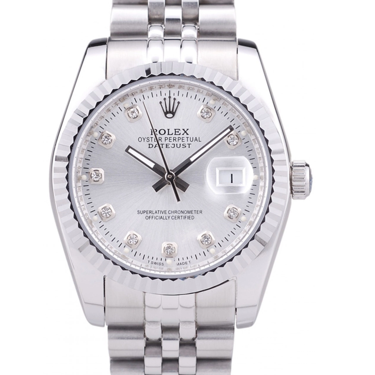 Aaa replica watch Bezel Diamonds Silver Datejust 7455 Rolex Dial Ribbed 0729